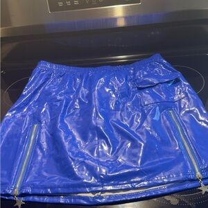 Blue Vinyl Mini Skirt - Women's Shiny A-Line